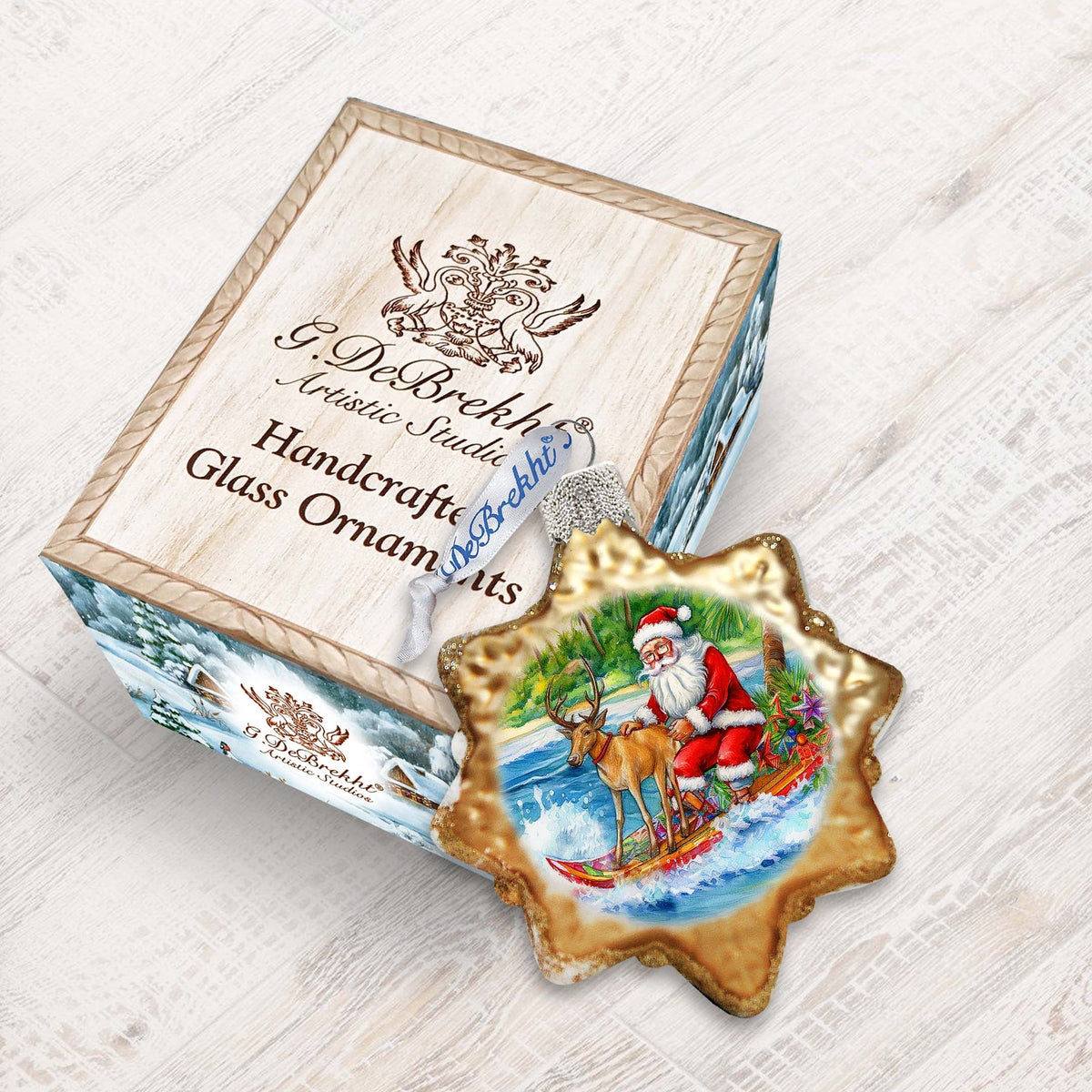 Coastal Decorations - Santa Claus Surfing Keepsake Glass Ornaments by G. Debrekht - Christmas Decor - 777419