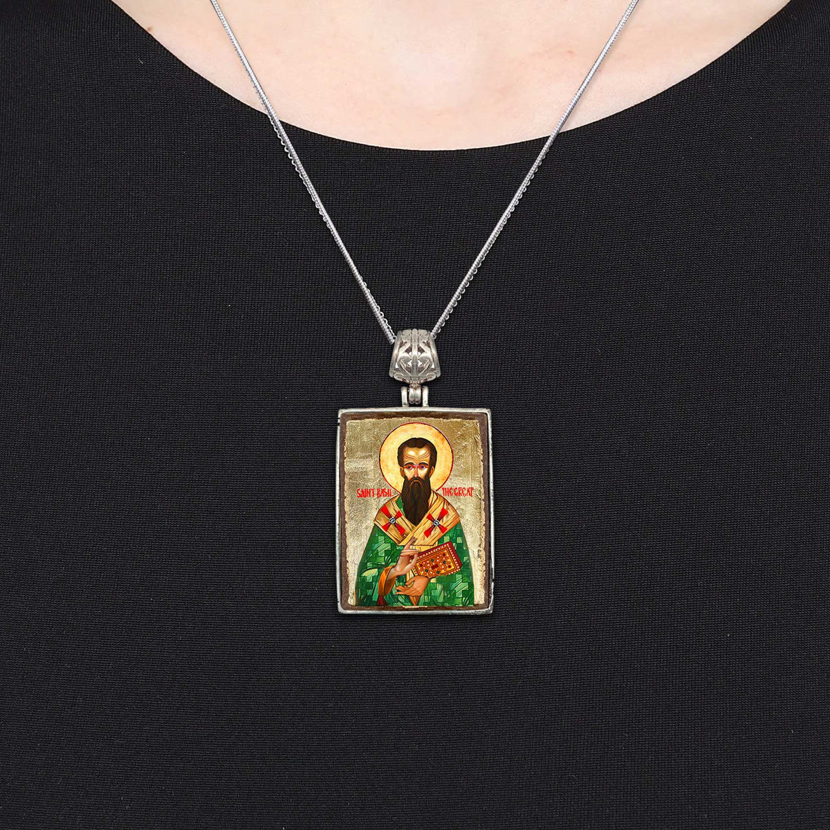 Saint Basil Religious Jewelry Silver Plated Necklace, Gold-Plated Wooden Cabochon - Christian Sacred Icon - Inspirational Icon Decor - 43053R