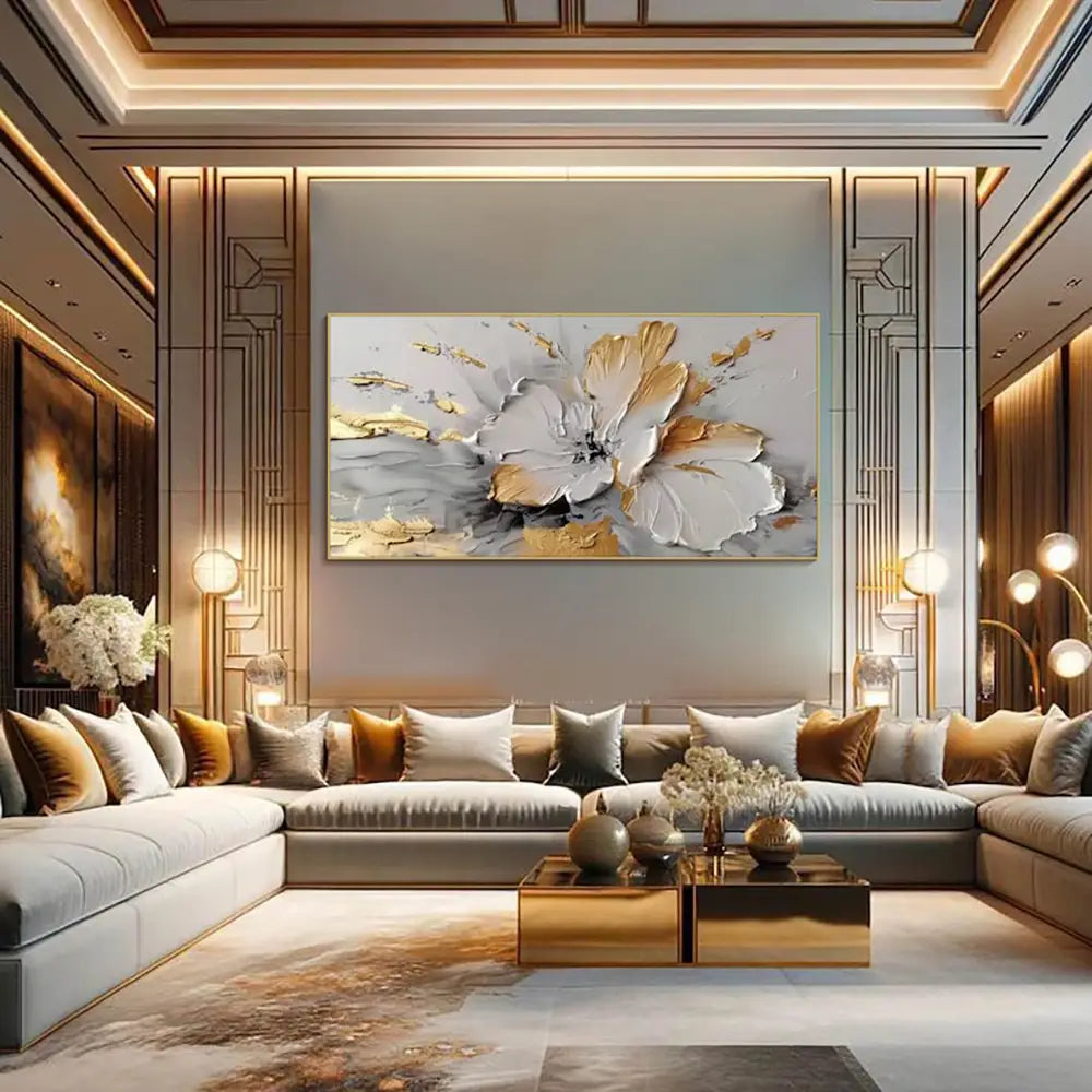 Handmade Golden Floral Canvas Painting Wall Art