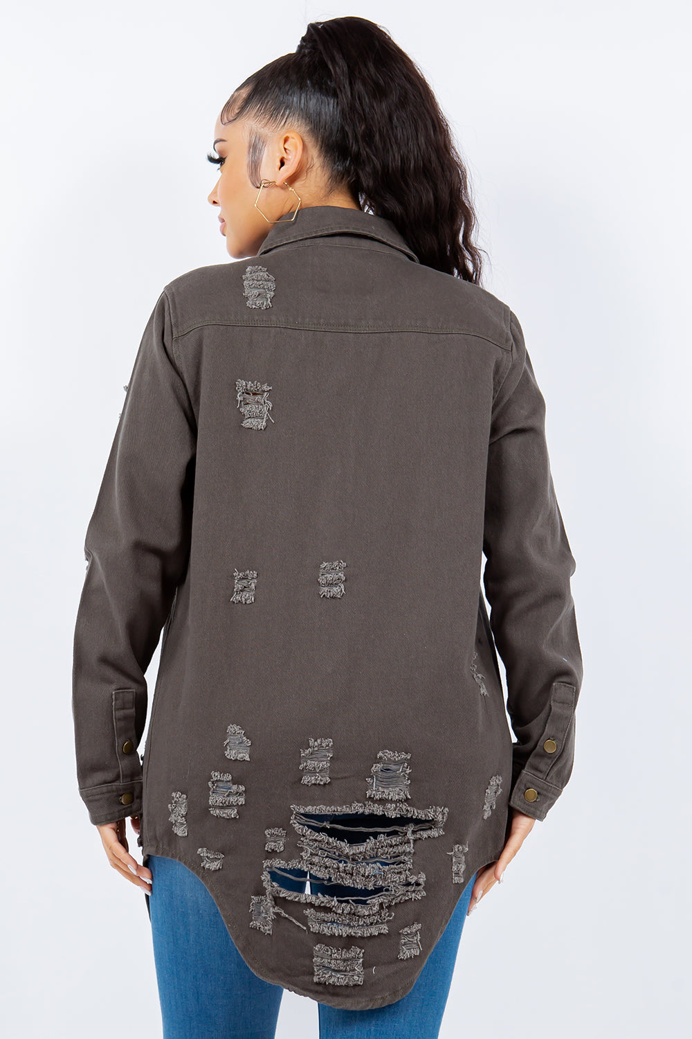 American Bazi Distressed Button Up Long Sleeve Jacket Trendy Buttoned Jacket with Distressed Finish for Women