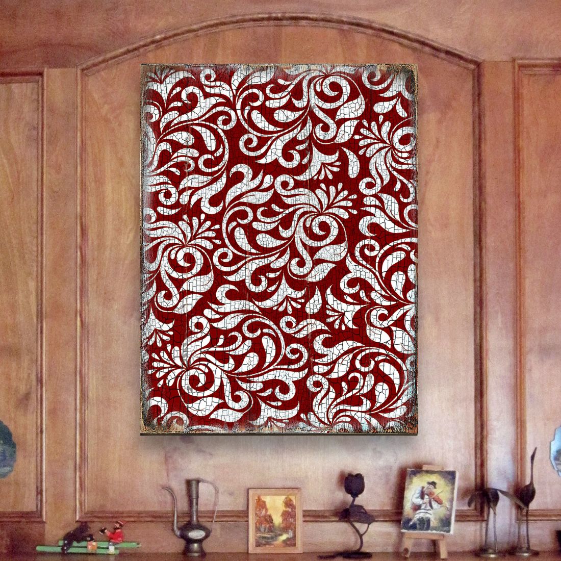 Red Floral Rustic Wooden Wall Art by G. DeBrekht - Floral Ornamental Decor - 95001B