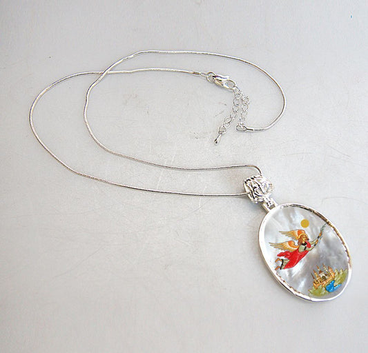 Watching Over Flying Angel Silver Plated Mother of Pearl Necklace - 43034