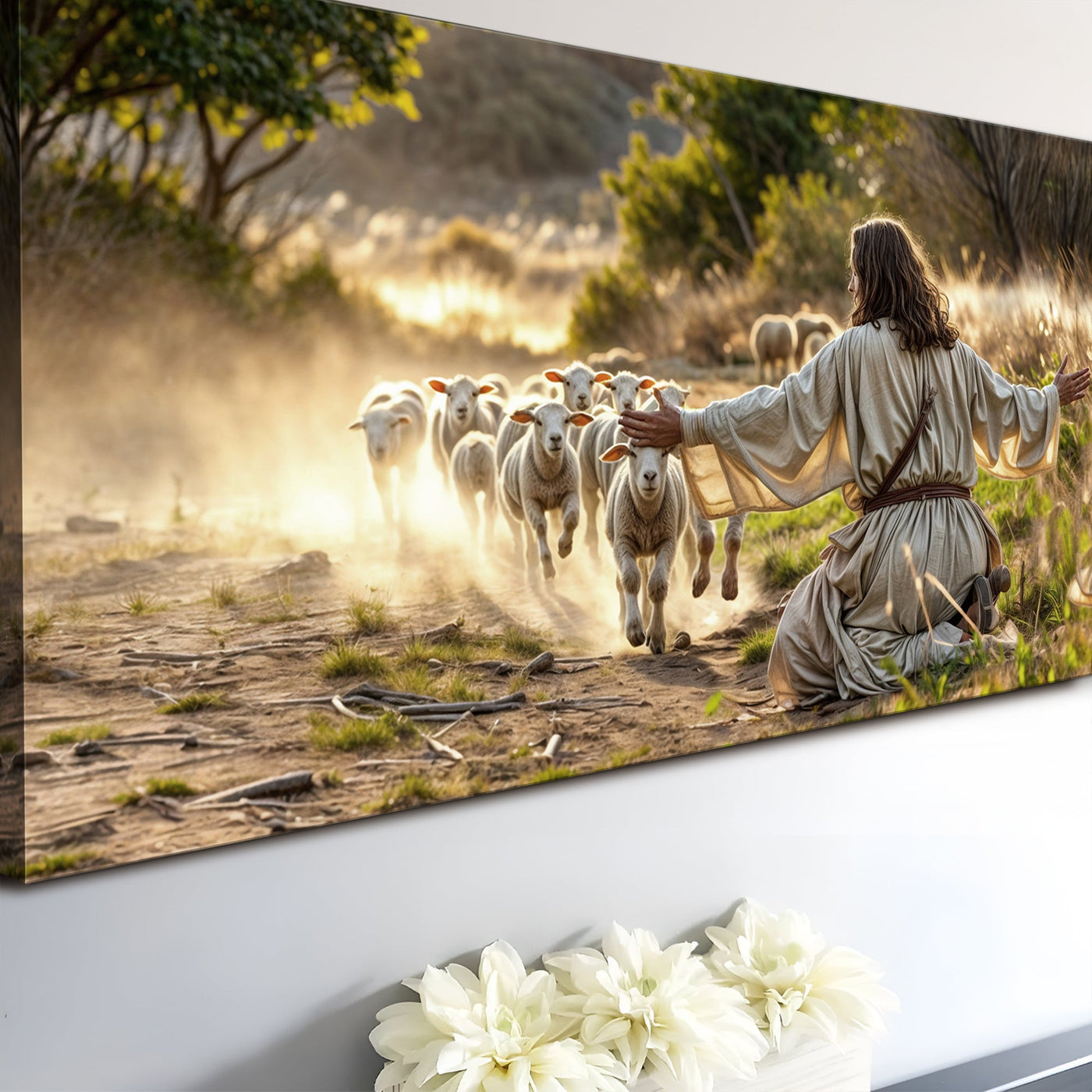 Canvas wall art titled "Jesus Protects The Lamb From Wolves" featuring religious imagery, created by Tailored Canvases.