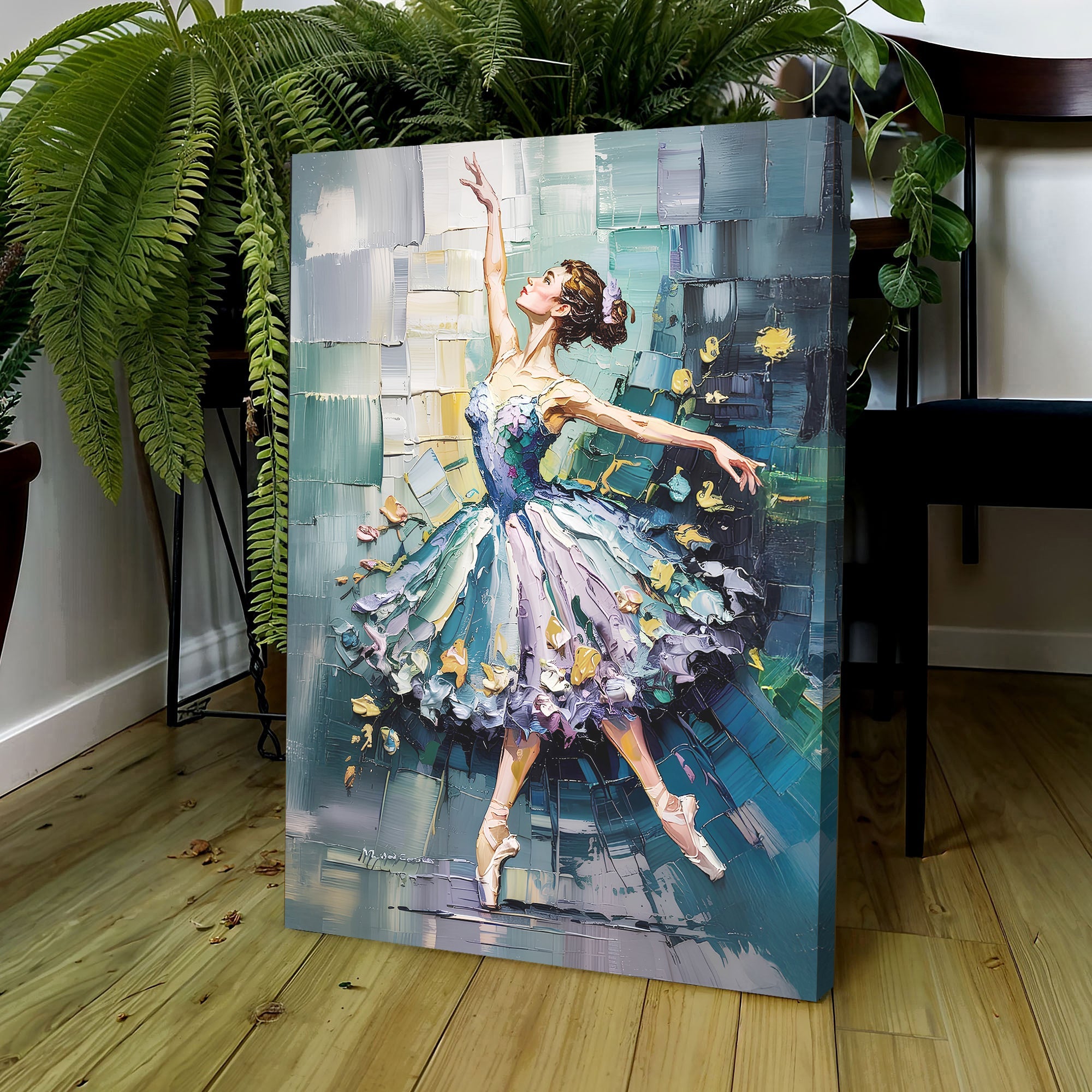 Abstract ballerina wall art on canvas, featuring flowing dance figures in soft tones, by Tailored Canvases.