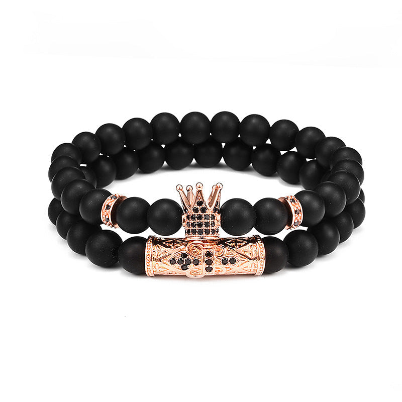 Lava Stone Combination Cubic Zircon Beads Bracelet Natural Red Tiger Eye Black Matte Onyx Stone Crown King Beads Bracelet For Men Women Fashion Charm Zircon Head Elastic Adjustable Bracelet Set Luxury Design