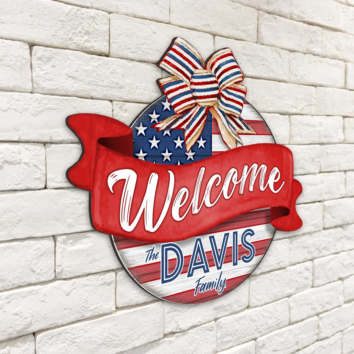 Front door welcome sign Custom name American flag porch wreath Main entrance Family Welcome sign - Wooden front porch decor - 933103HC