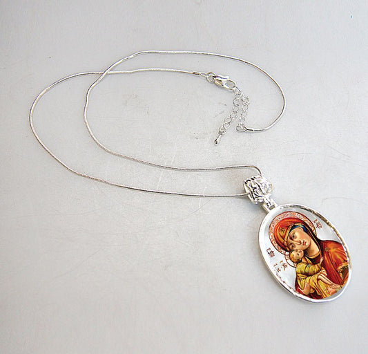 Holy Virgin Mary Vladimir Silver Plated Mother of Pearl Necklace Jewelry - 43011