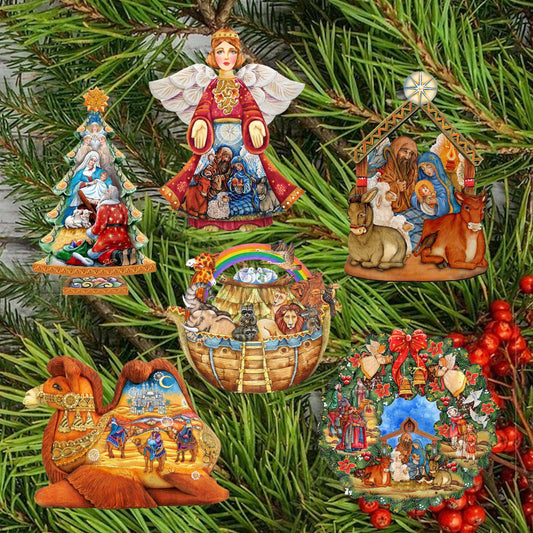 Nativity Clip-On Eco Wood Decorative Ornaments Set of 6 by G. Debrekht - Nativity Holiday Decor - 8090133C-S6