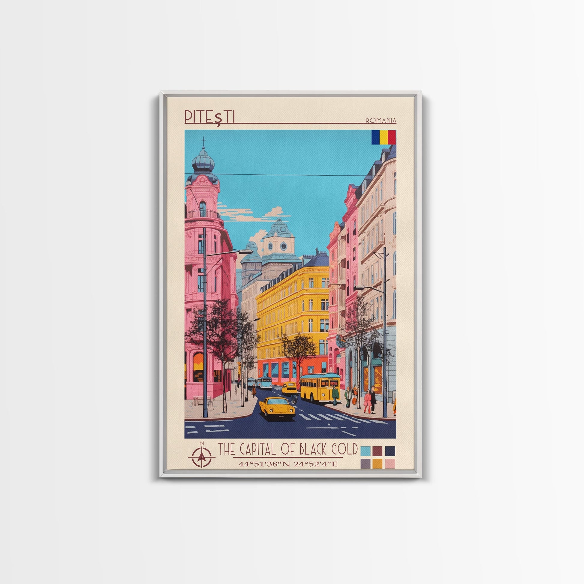 Framed canvas print of Pitești Romania travel poster featuring midcentury modern and pop art wall decor for home or bedroom.