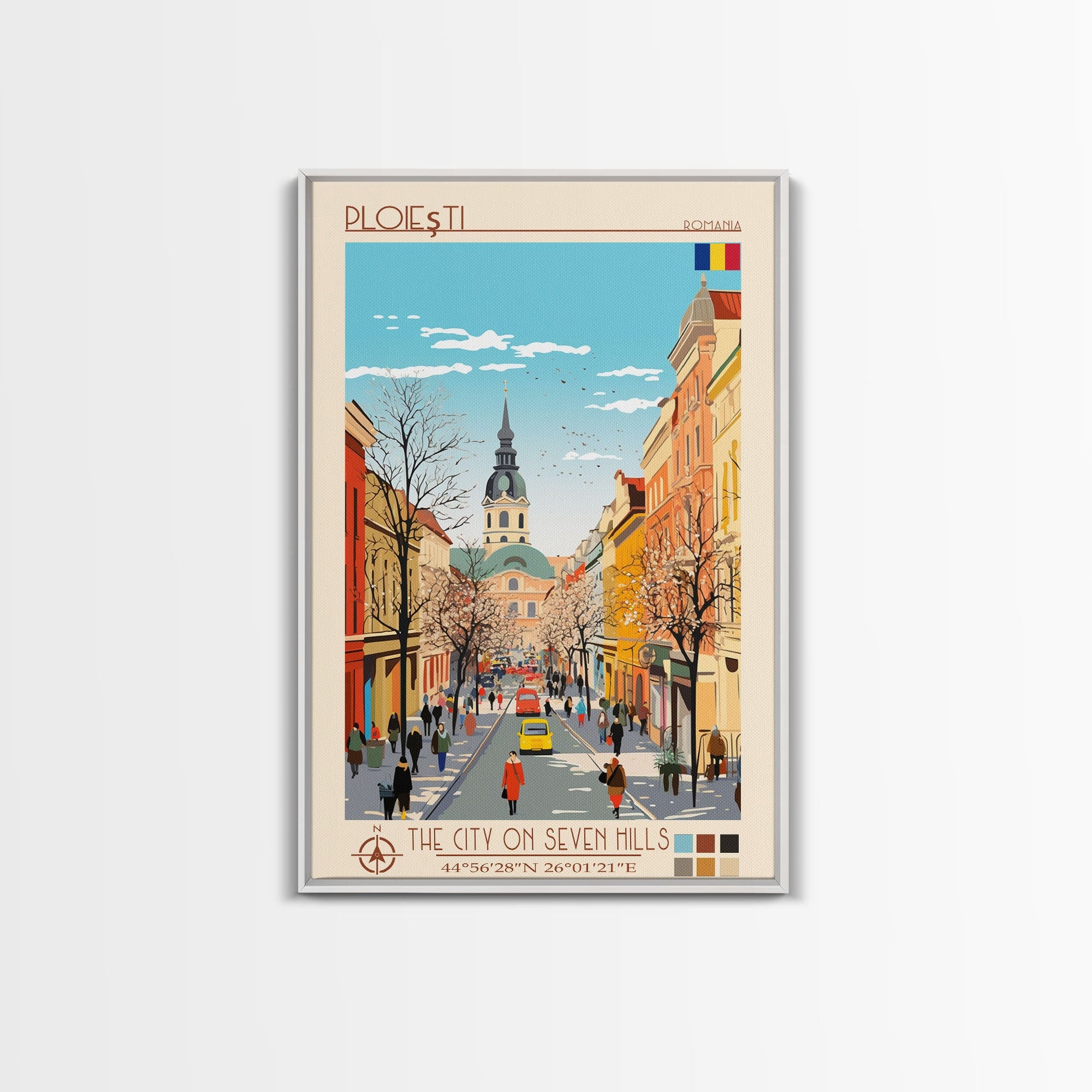 Framed Ploiești Romania travel poster canvas print by NuevArt featuring scenic midcentury modern pop art wall decor.