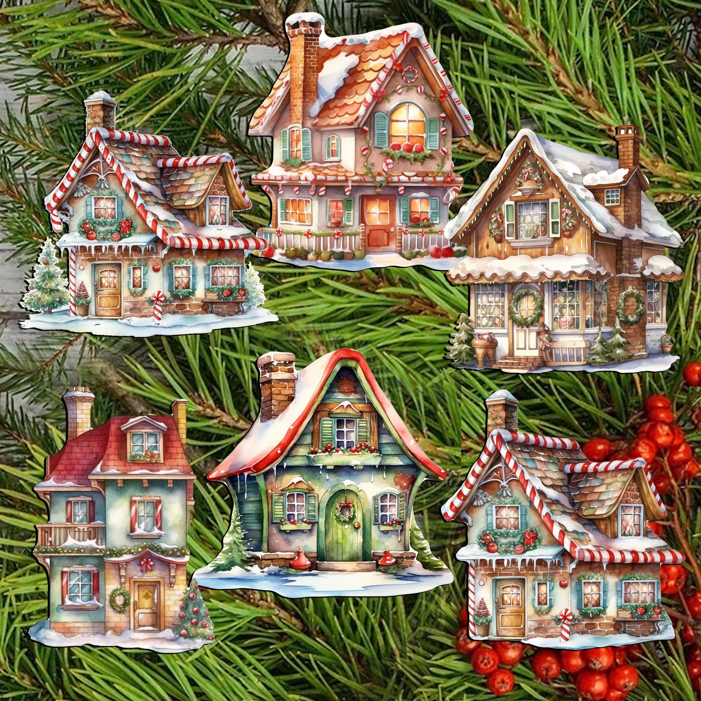 Dream Houses Clip-On Eco Wood Decorative Ornaments Set of 6 by G. Debrekht - Christmas Decor - 8090029C-S6