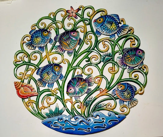 23 Inches Round Haiti Drum Handmade Fishes Scene Painted Metal Artwork
