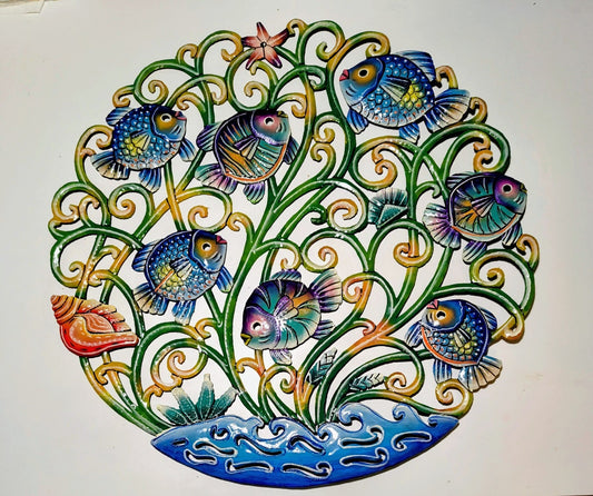23 Inches Round Haiti Drum Handmade Fishes Scene Painted Metal Artwork