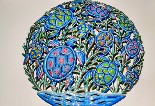 23 Inches Round Metal Haiti Drum Handmade Painted Metal Turtles Swimming
