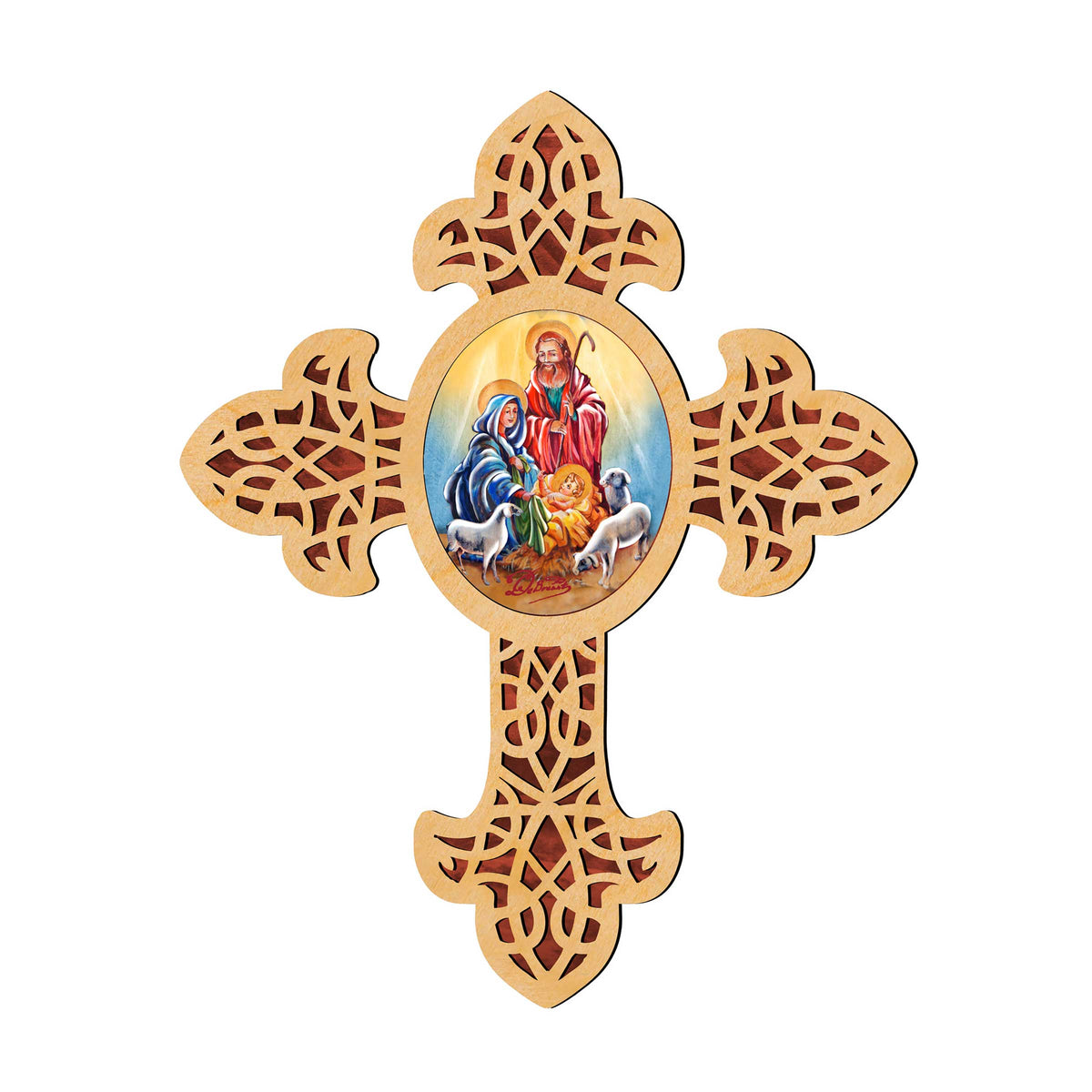 Holy Family Pointy Wooden Cross by Museum Icons - Inspirational Icon Decor - 88350