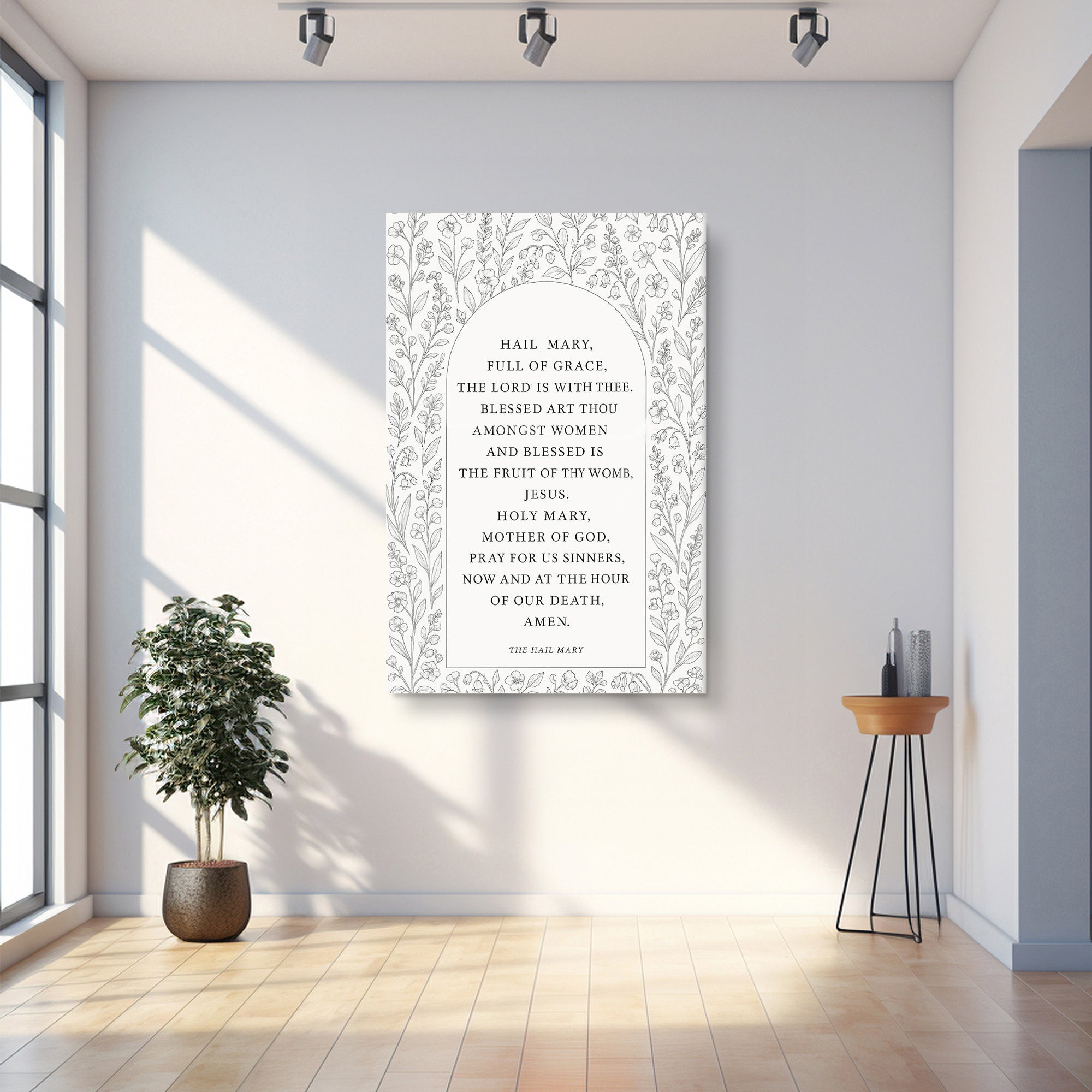 Canvas art print of "The Hail Mary Faith Sign III" by Tailored Canvases, featuring religious lettering on a neutral background.