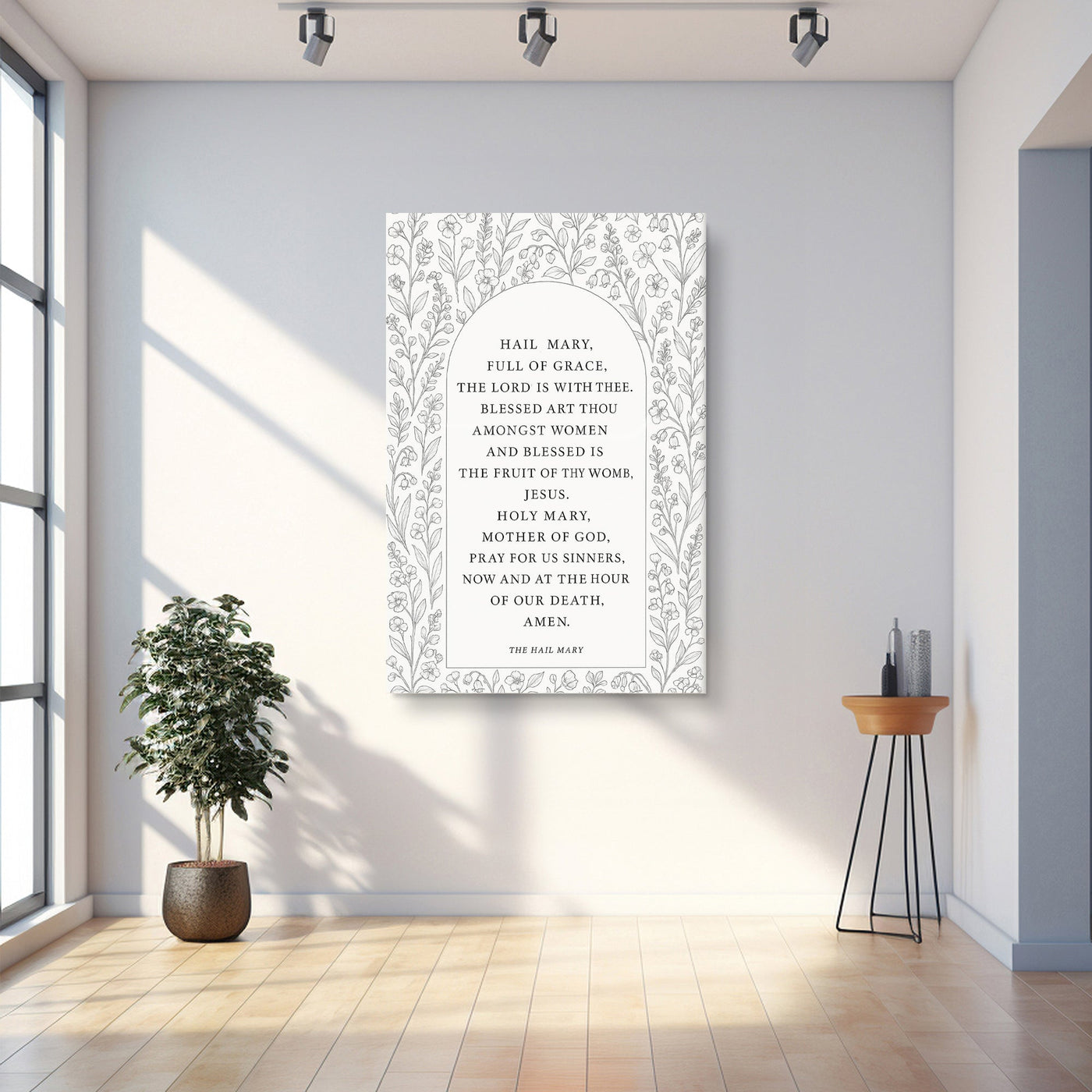 Canvas art print of "The Hail Mary Faith Sign III" by Tailored Canvases, featuring religious lettering on a neutral background.