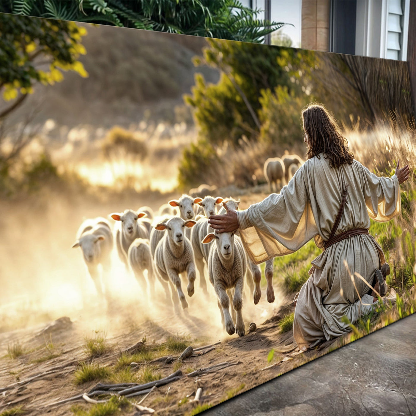 Canvas wall art featuring Jesus protecting a lamb from wolves, designed by Tailored Canvases, with detailed religious imagery.