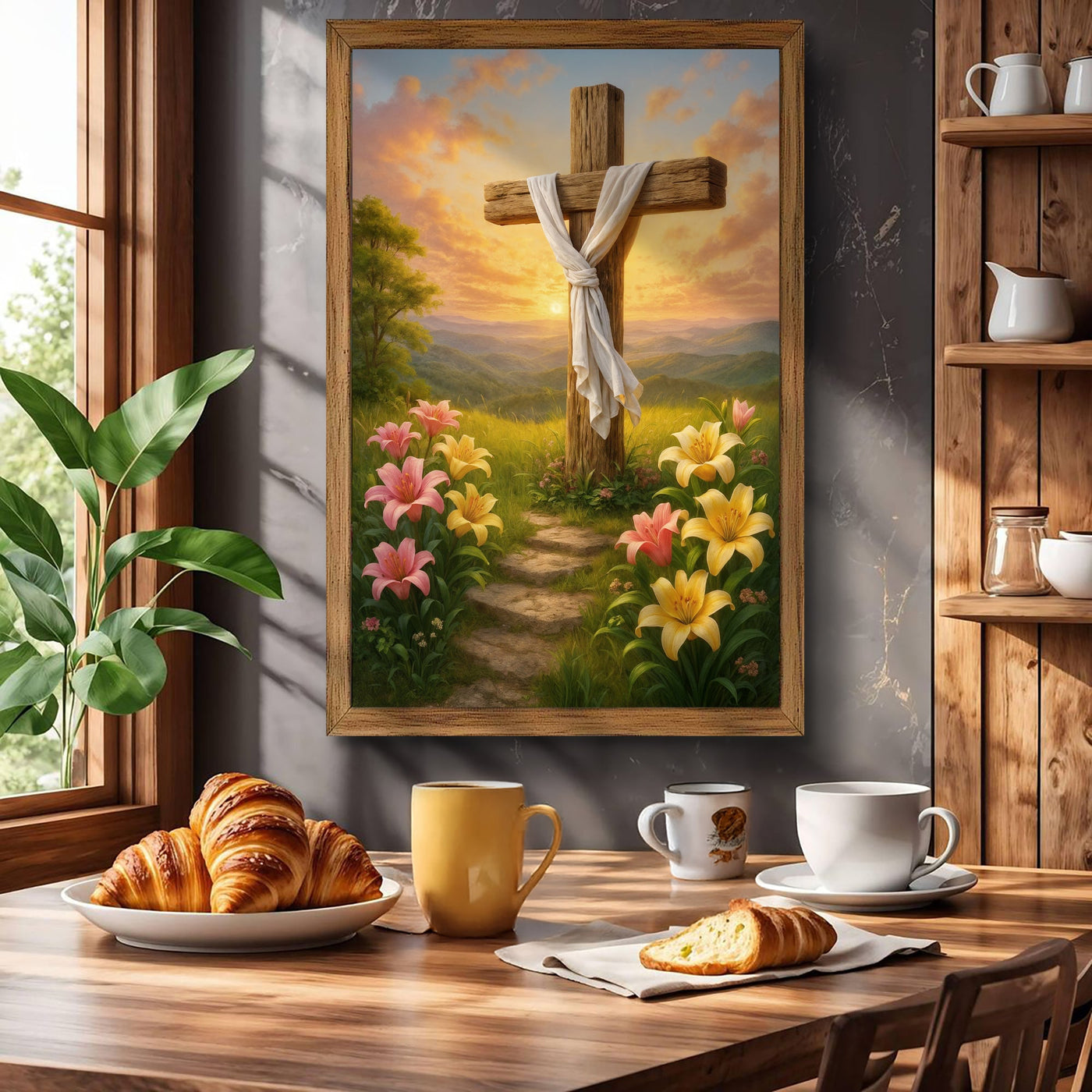Canvas wall art featuring a cross and flowers with the phrase "Faith" by Tailored Canvases, ideal for religious home decor.