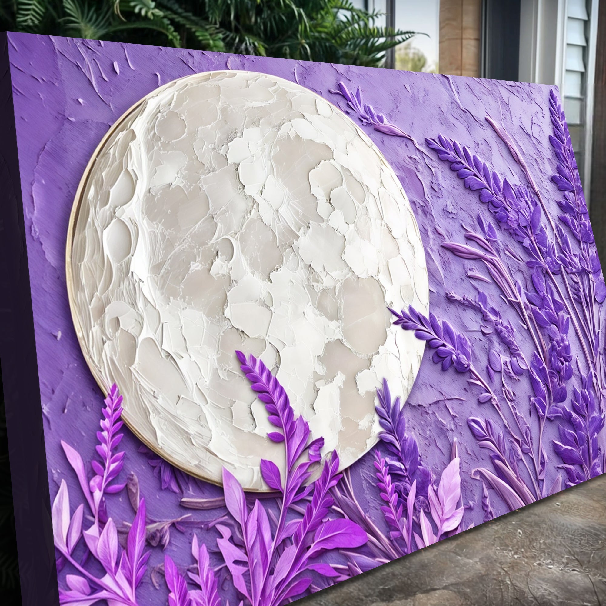 3D lavender moon wall art on canvas by Tailored Canvases, featuring a serene moon with lavender tones and textured surface.