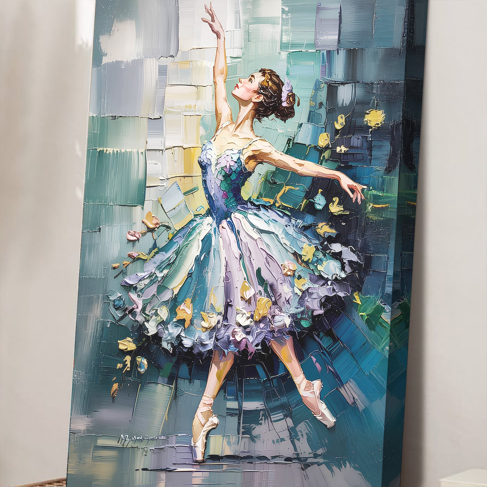 Colorful abstract ballerina wall art on canvas by Tailored Canvases, featuring fluid dance-inspired shapes and vibrant hues.