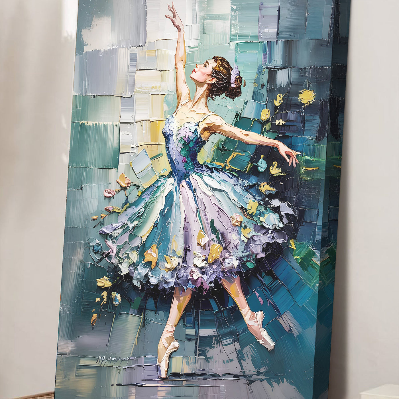 Colorful abstract ballerina wall art on canvas by Tailored Canvases, featuring fluid dance-inspired shapes and vibrant hues.
