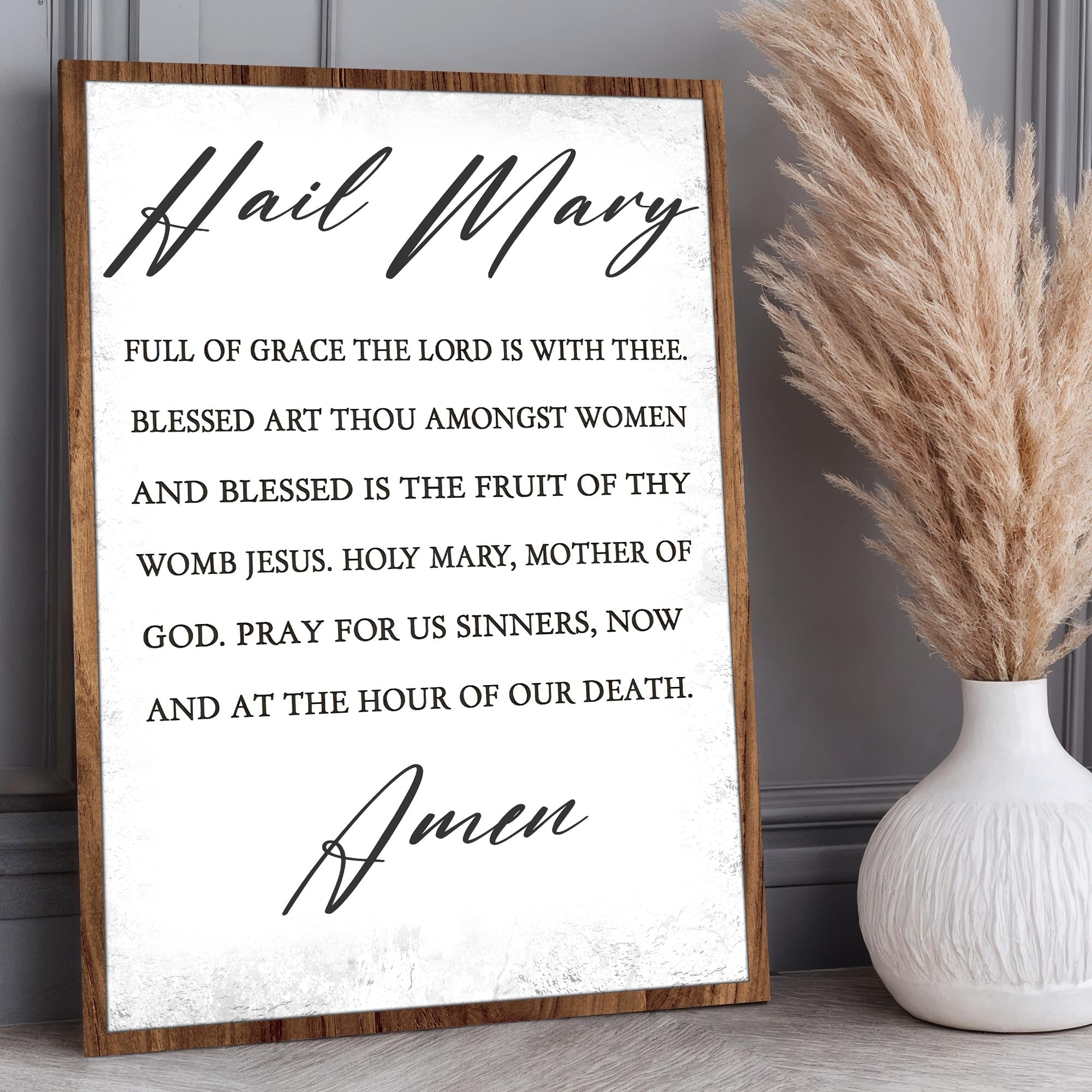 Canvas faith sign with "The Hail Mary" scripture design by Tailored Canvases, featuring religious artwork on a white background.