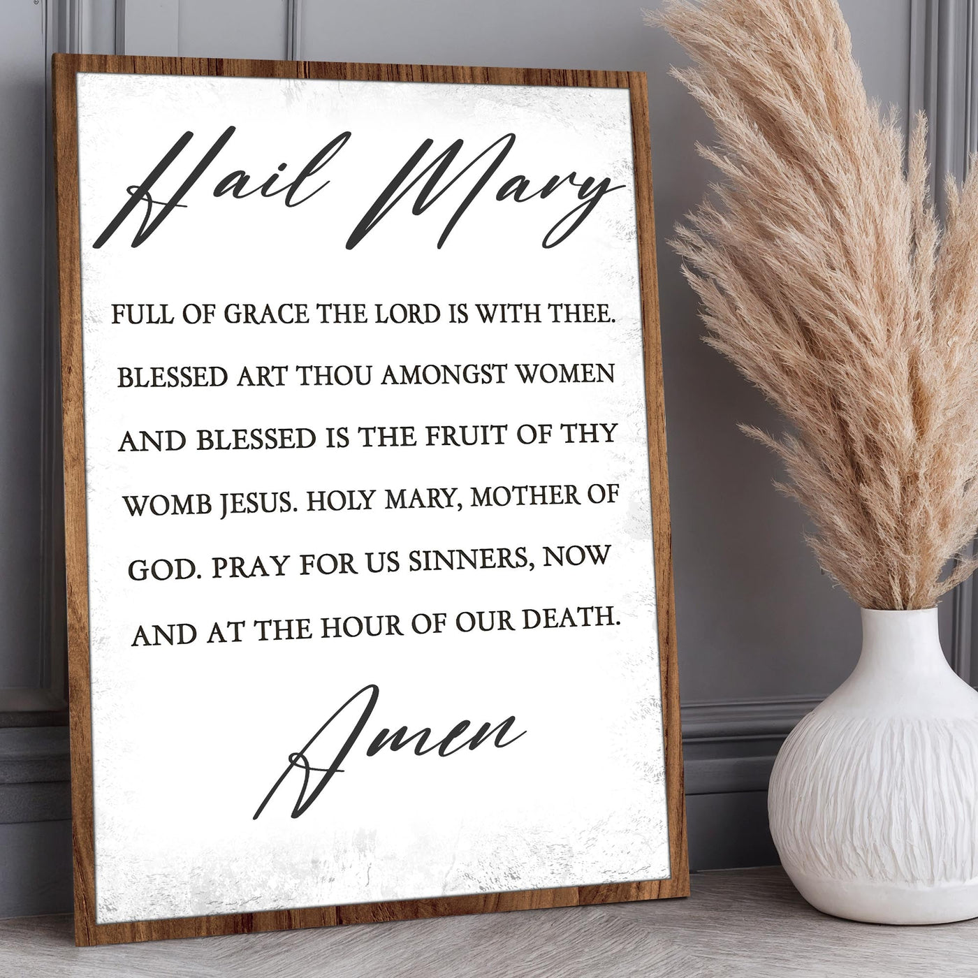 Canvas faith sign with "The Hail Mary" scripture design by Tailored Canvases, featuring religious artwork on a white background.