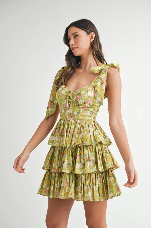 Floral Print Shoulder Tie Layered Mini Dress For Women – Fresh Floral Design, Fluttering Adjustable Shoulder Tie, Layered Mini Dress, Trendy Summer Outfit