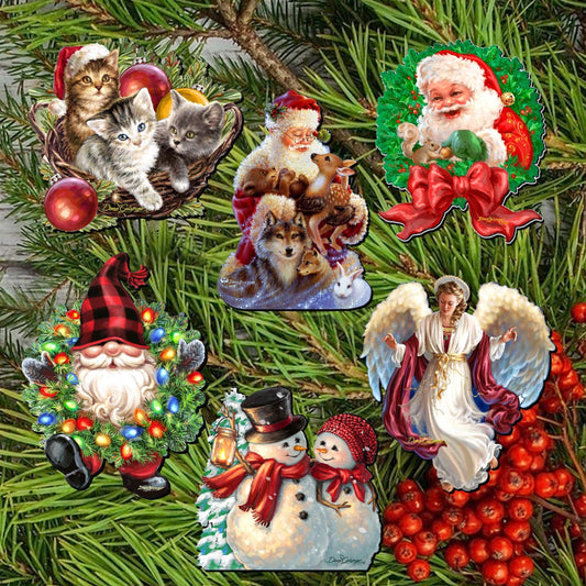 Santa and Friends Clip-On Eco Wood Decorative Ornaments Set of 6 by D. Gelsinger - Christmas Decor - 8090134C-S6