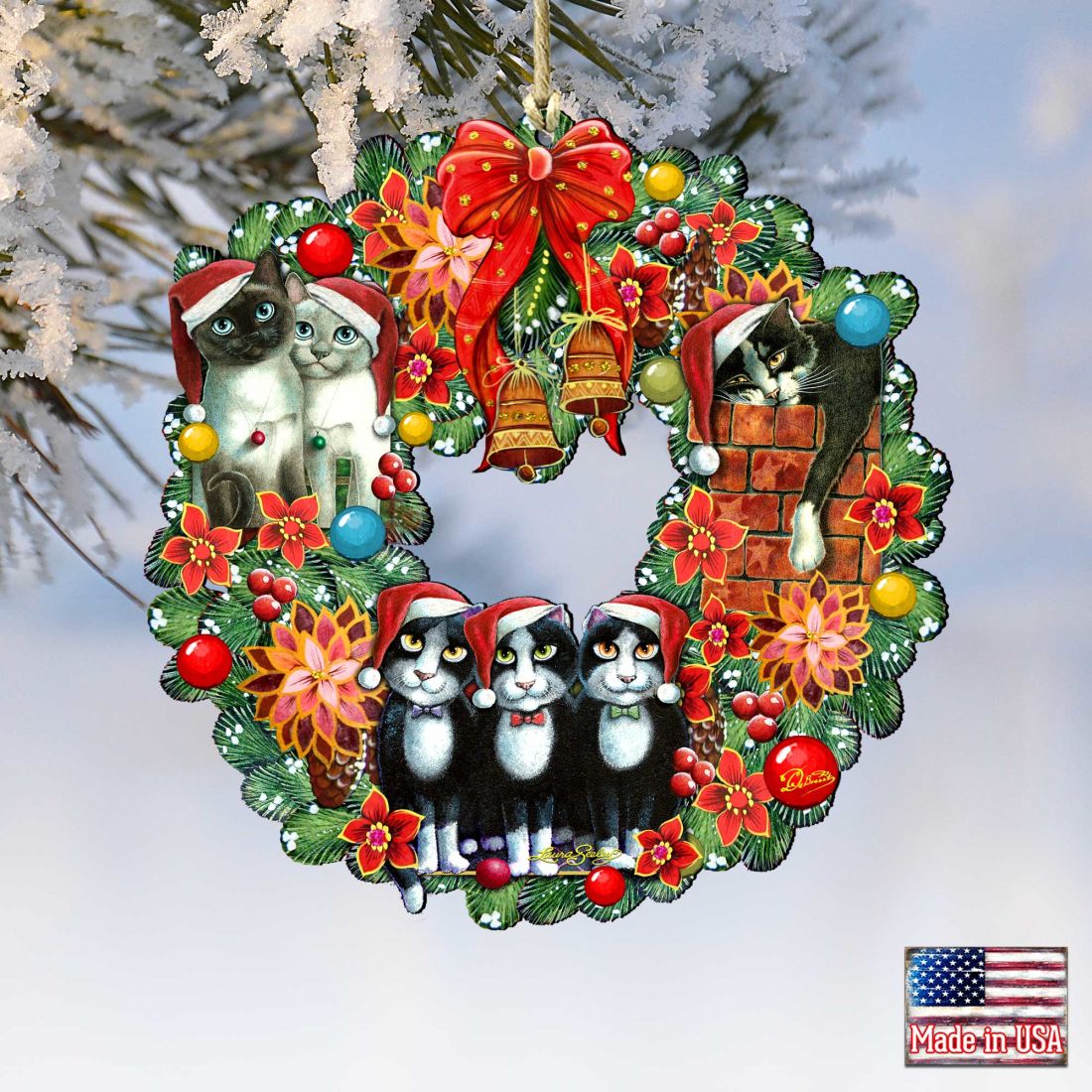 Christmas Friends Kitty Wreath Wooden Ornaments by G. DeBrekht and L. Seeley - Pets Dog and Cats Decor - 8185307-5-SL