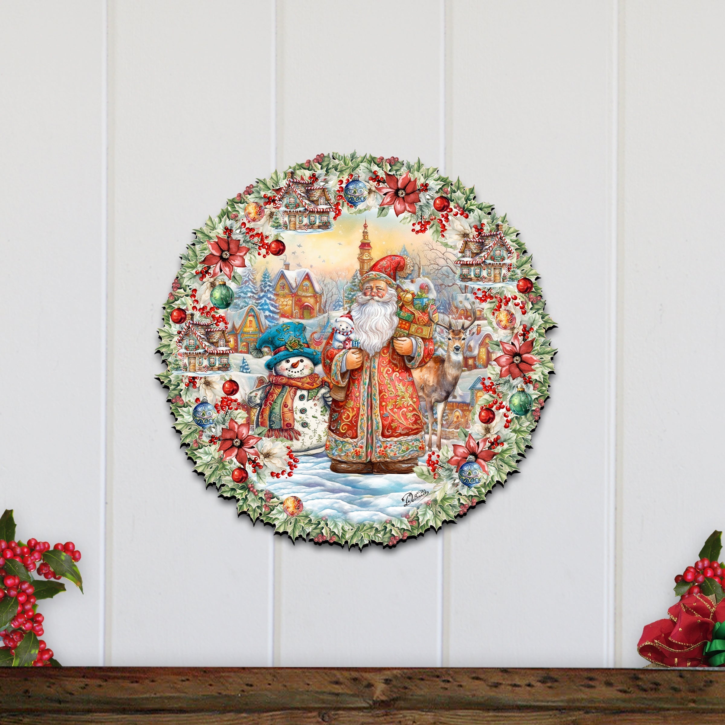 Merry Christmas Wreath Holiday Door Decor by G. Debrekht - Christmas Santa Snowman Decor - 8611069H
