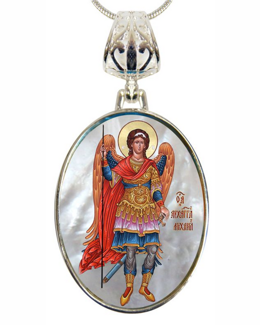 Saint Michael the Archangel Silver Plated Mother of Pearl Necklace - 43022
