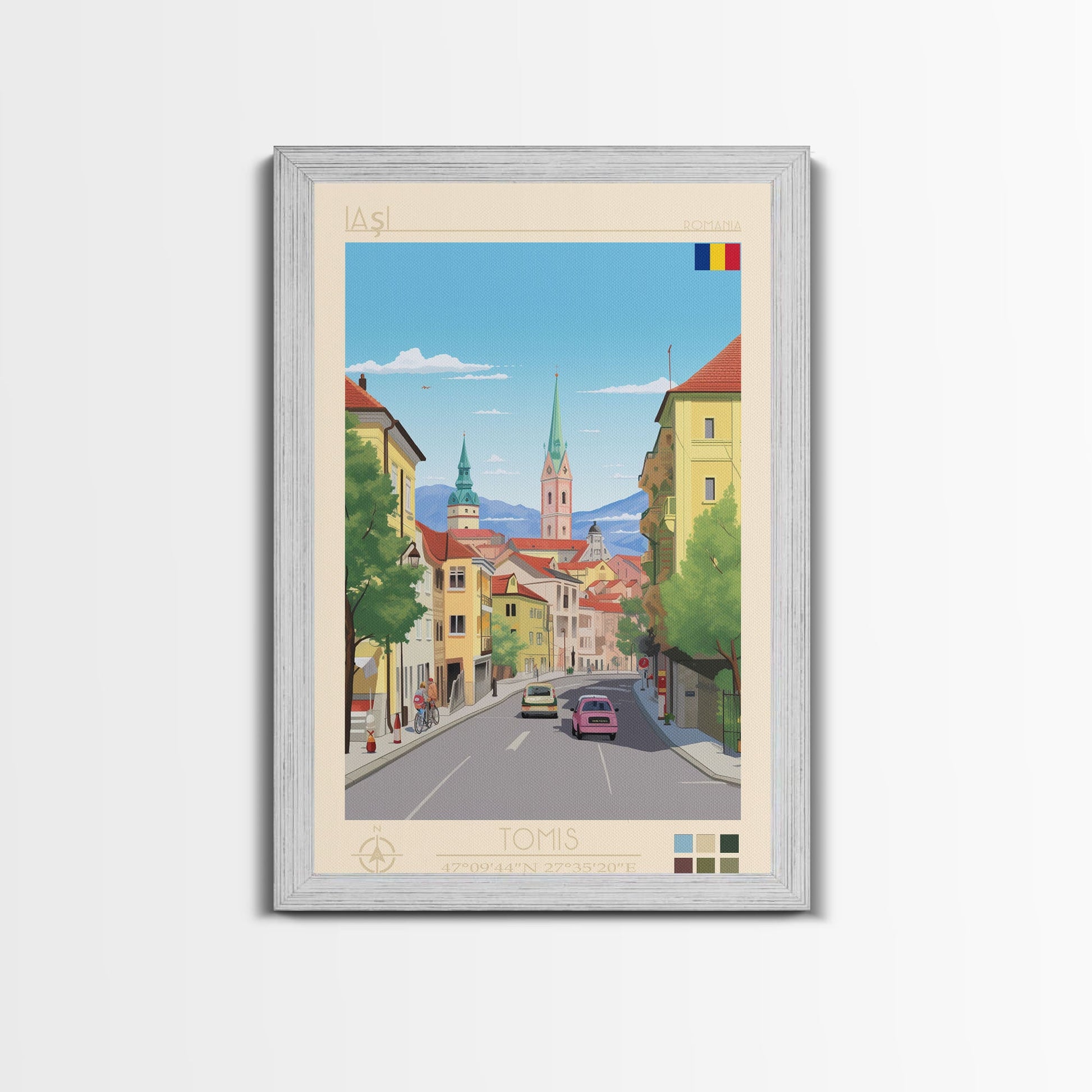 Framed canvas print of Iași Romania travel poster featuring midcentury modern and pop art styles for wall decor.