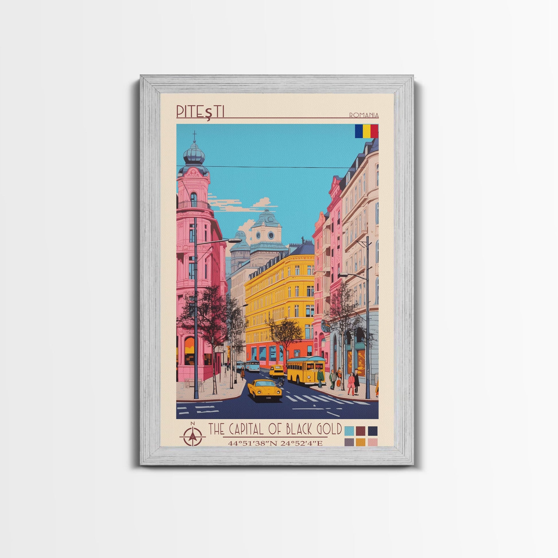 Framed canvas print of Pitești Romania travel poster by NuevArt, featuring midcentury modern and pop art home decor.