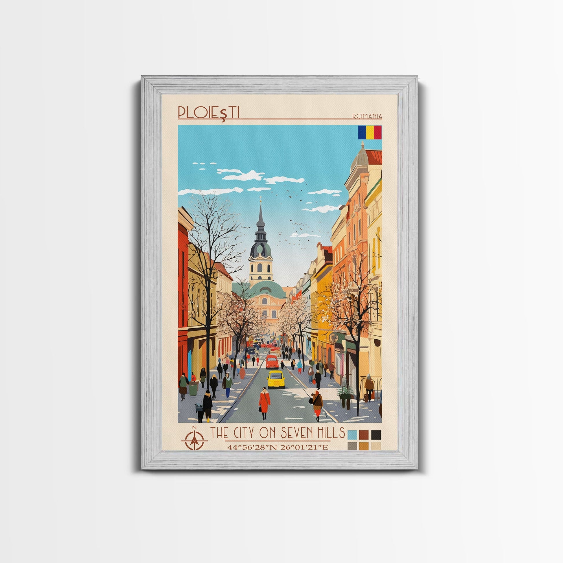 Framed Ploiești Romania travel poster canvas print by NuevArt featuring midcentury modern and pop art wall decor.