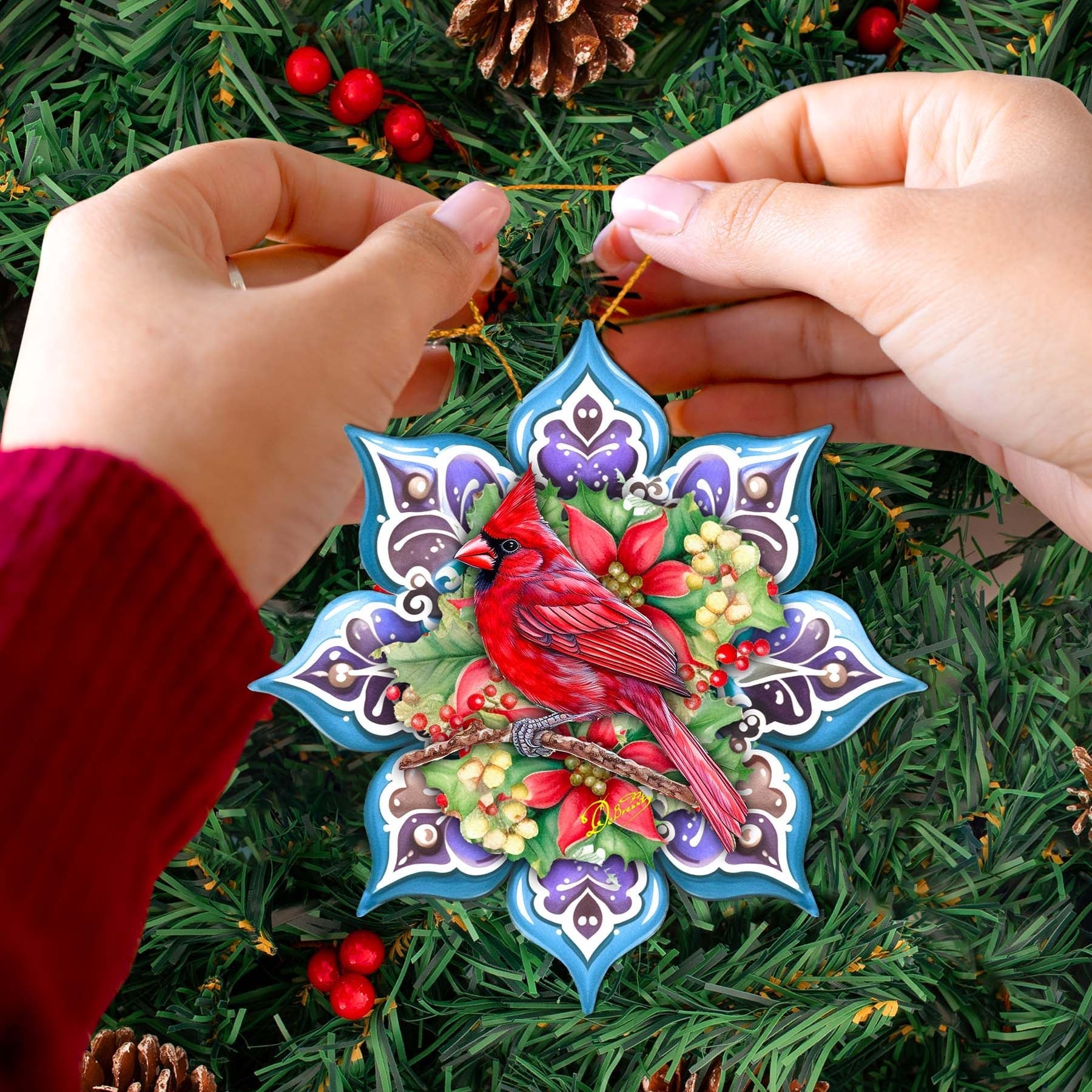 Cardinal Snowflake Wooden Ornaments by G. Debrekht - Nature Wildlife Decor - 8688411