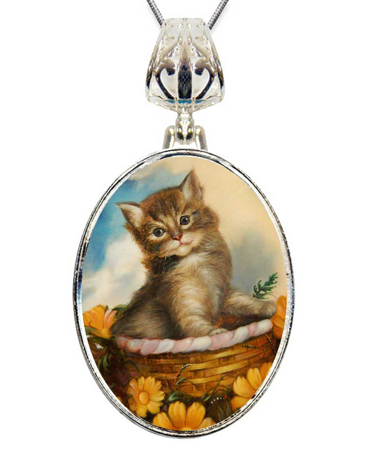 Kitten in A Basket Silver Plated Mother of Pearl Jewelry Pendant Necklace - 44032O