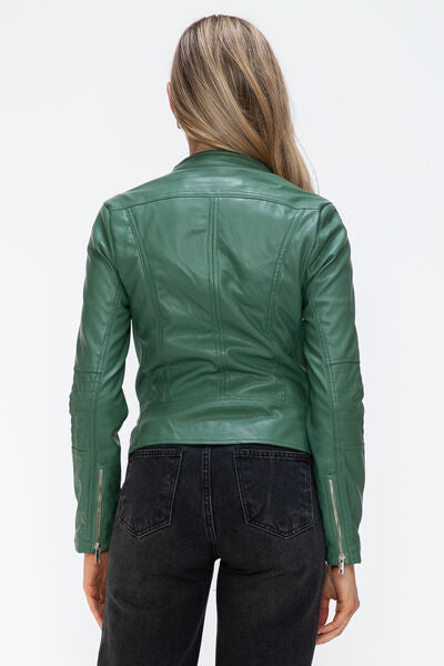Women Classic Snobbish Faux Leather Zip-Up Drawstring Hooded Jacket Edgy & Casual PU Leather Jacket For Streetwear