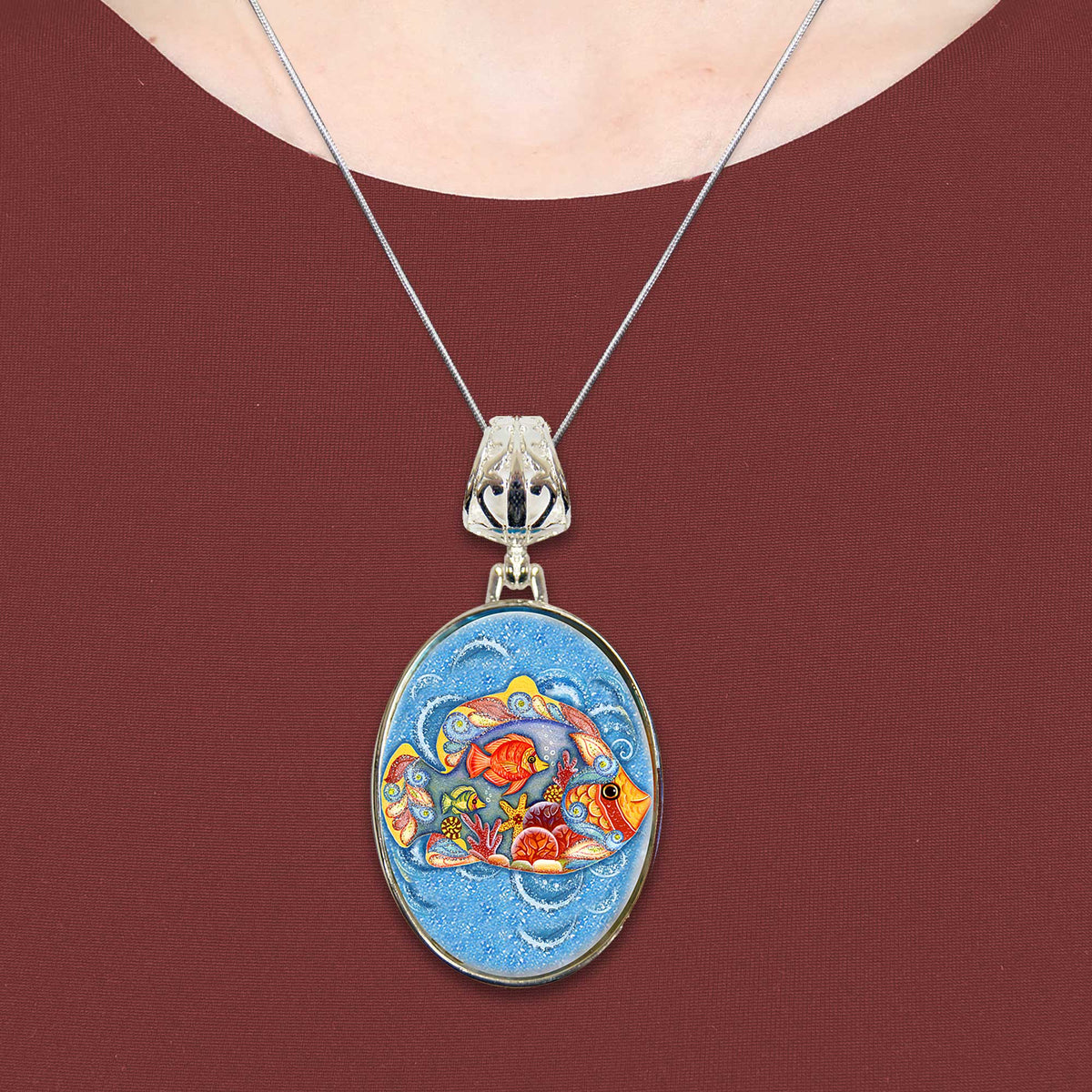 Fishy Family Silver Plated Mother of Pearl Jewelry Pendant Necklace Coastal - 44050