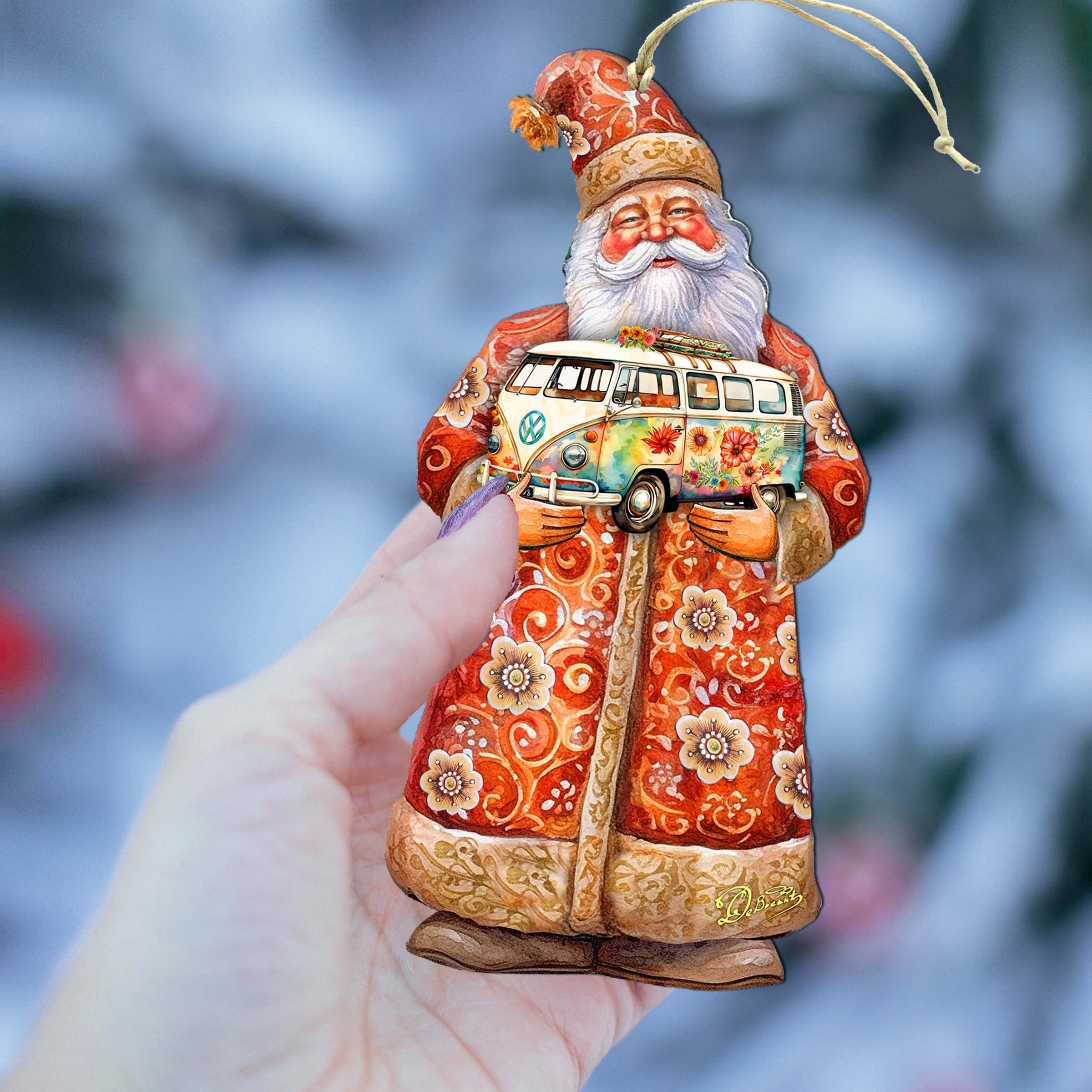 Santa with Van Wooden Ornaments by G. Debrekht - Christmas Santa Snowman Decor - 8691407