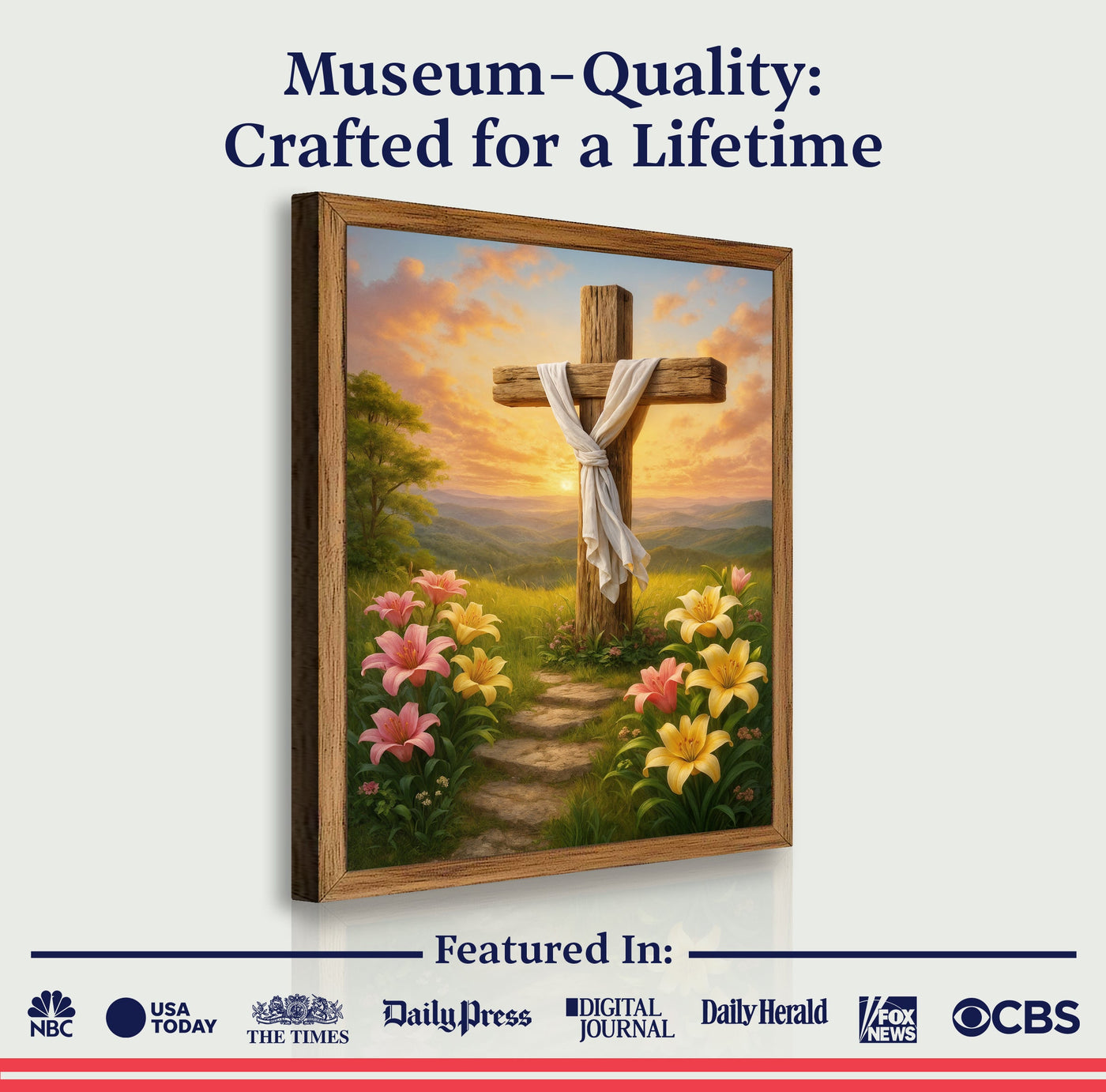 Canvas wall art featuring a cross and flowers with inspirational faith message, by Tailored Canvases.