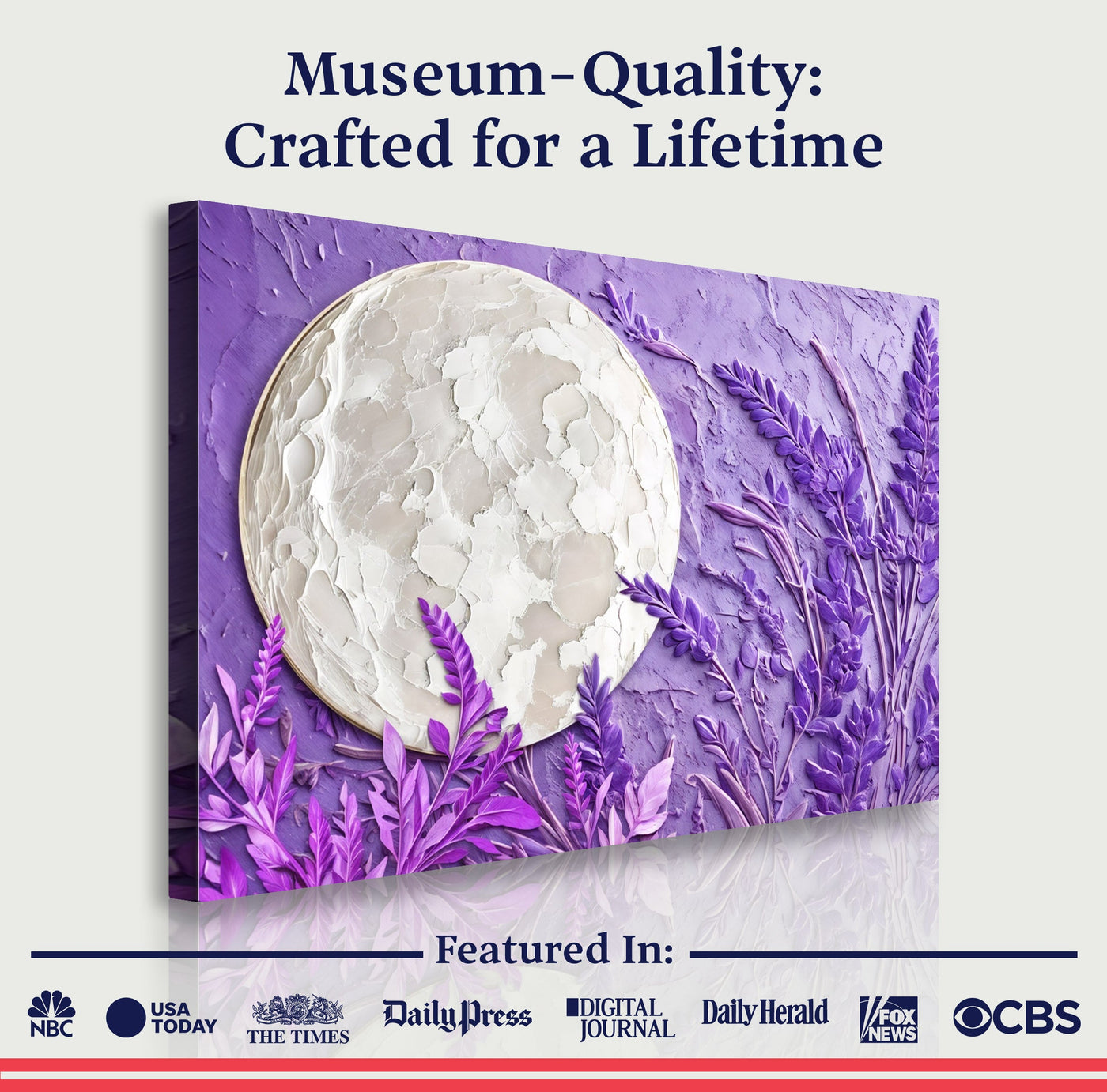 3D lavender moon wall art canvas by Tailored Canvases featuring a serene moon and lavender design for wall decor.