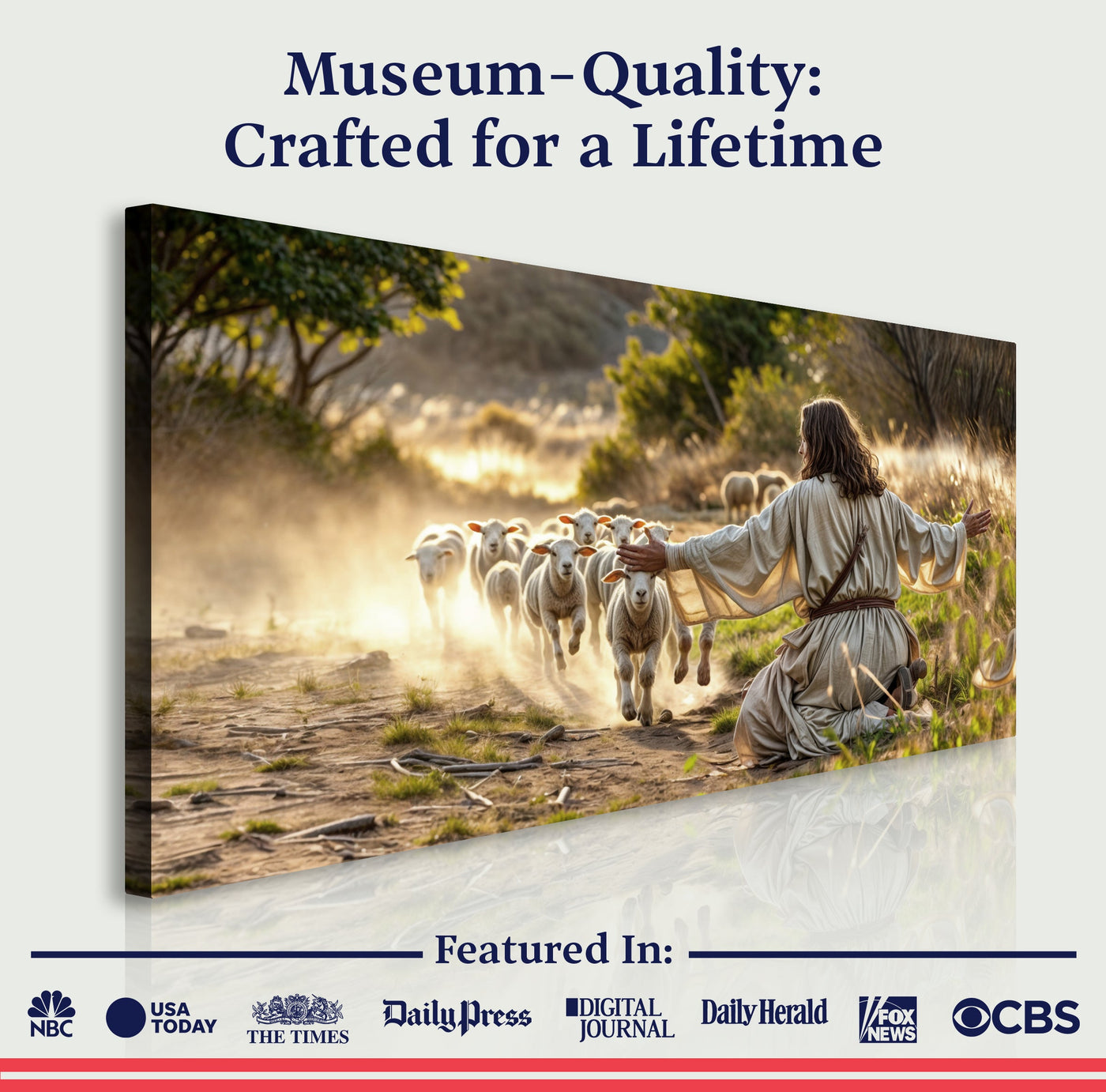 Canvas wall art depicting Jesus protecting the lamb from wolves, featuring religious imagery by Tailored Canvases.