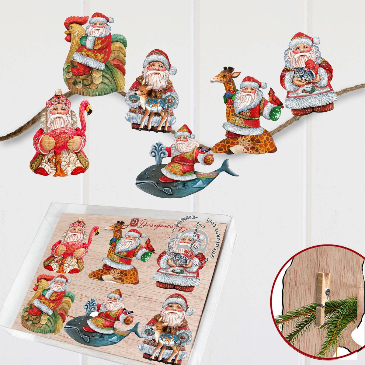 Santa Clip-On Eco Wood Decorative Ornaments Set of 6 by G. Debrekht - Christmas Decor - 8090131C-S6