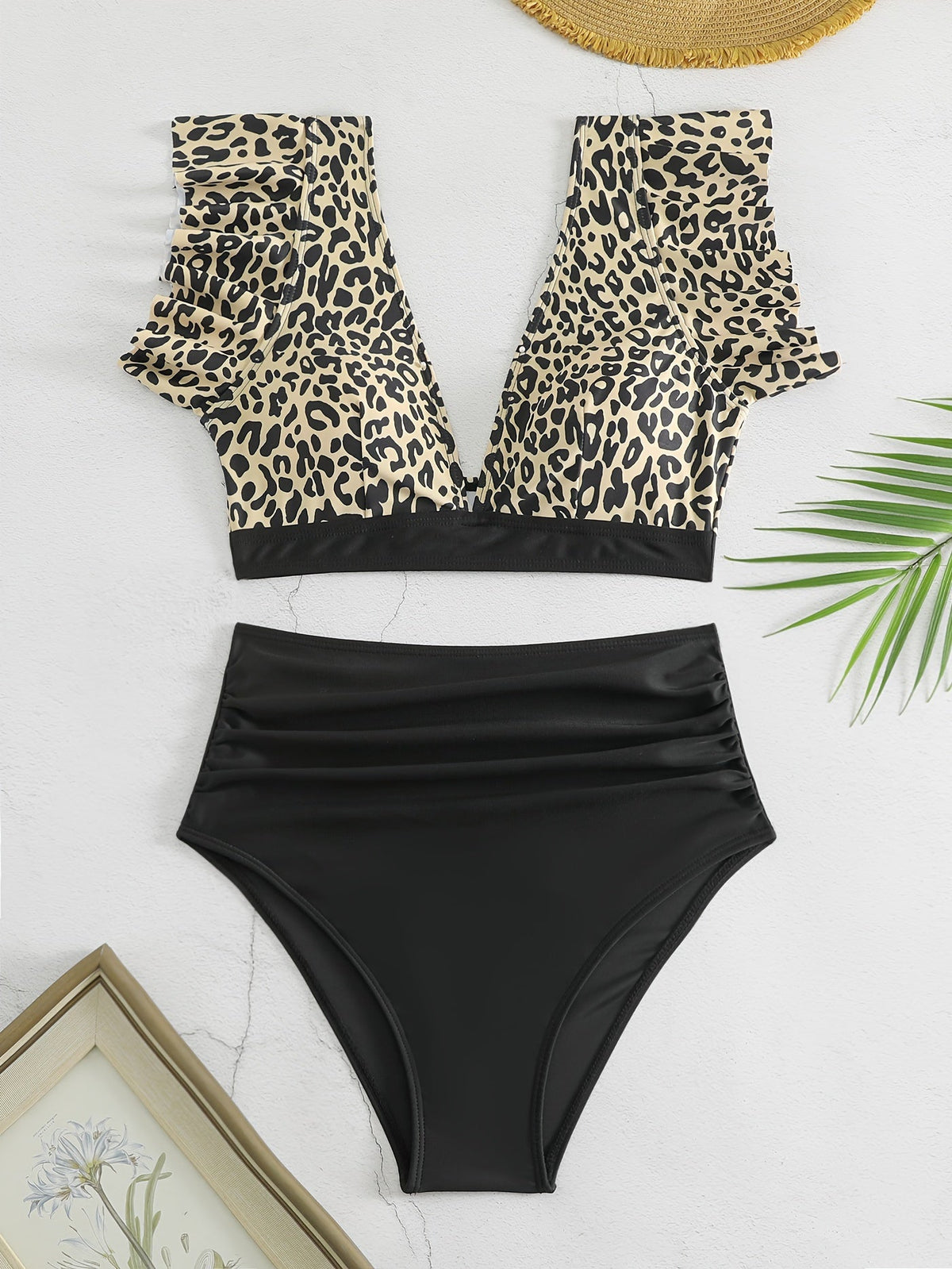 Bikini Black Solid Color Ruffle V Neck 2 Piece Swimsuit for Women – High Waisted Flattering Bikini Set with Lettuce Trim Bottoms – Sleek Stretchy Fabric Swimwear for Beach Days Poolside Style and Summer Vacation Looks