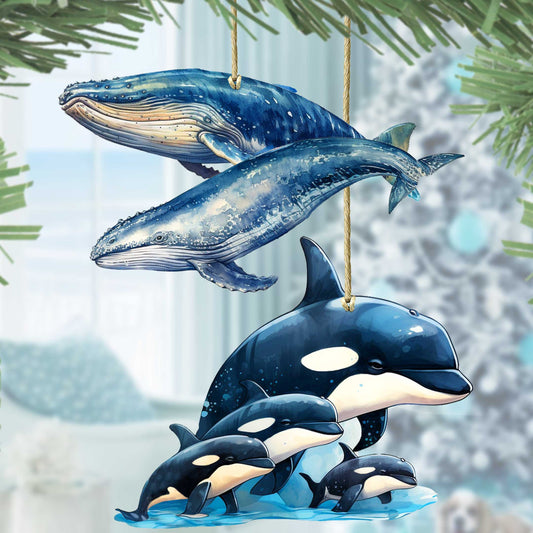 Alaskan Whale and Orca Eco Wood Ornaments Set of 2 by G. Debrekht - Wildlife Holiday Decor - 8091323S2