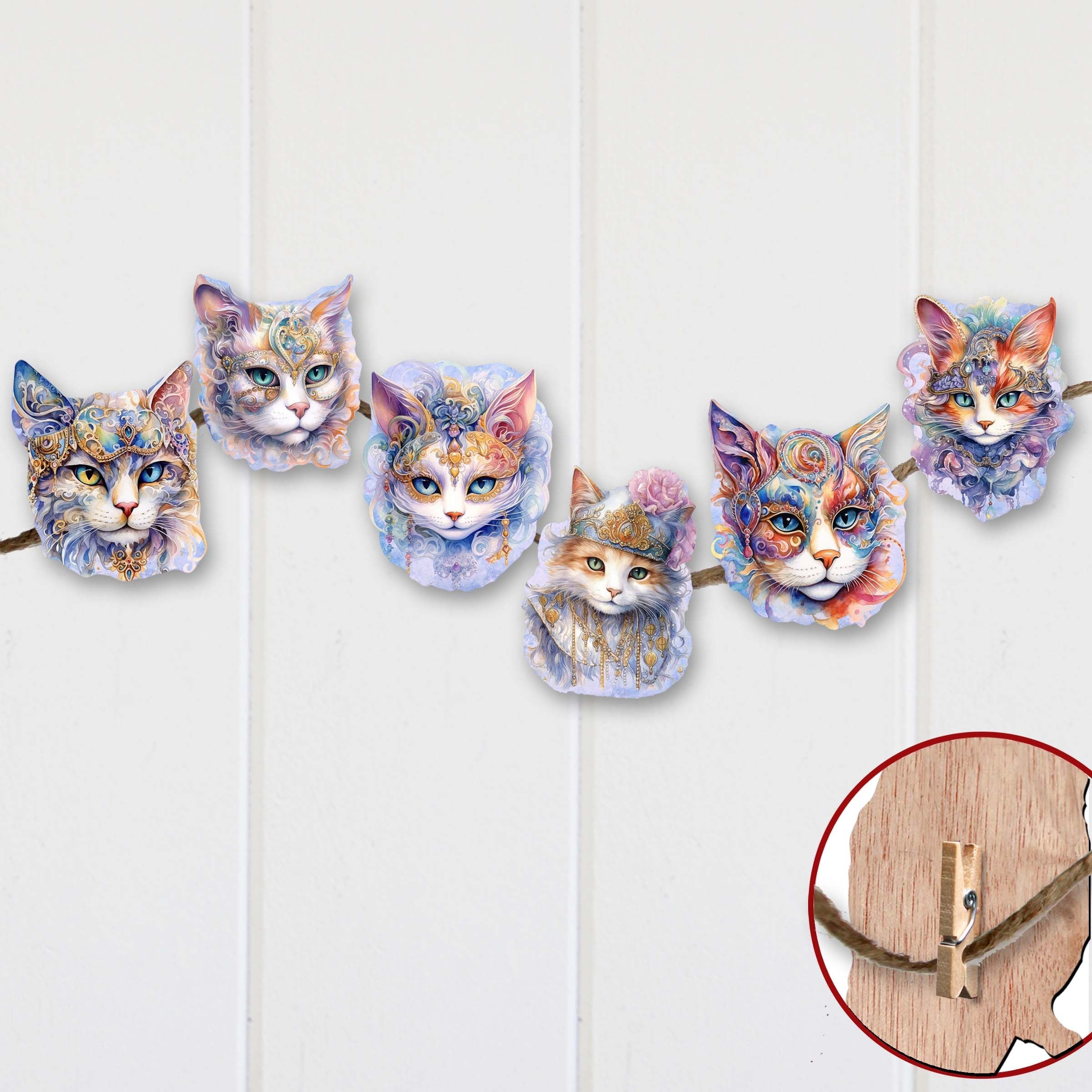 Cats Masks Clip-On Eco Wood Decorative Ornaments Set of 6 by G. Debrekht - Christmas Decor - 8090033C-S6