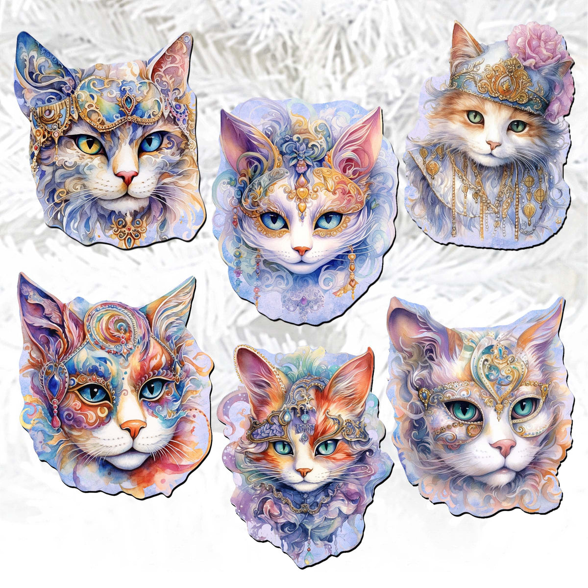 Cats Masks Clip-On Eco Wood Decorative Ornaments Set of 6 by G. Debrekht - Christmas Decor - 8090033C-S6