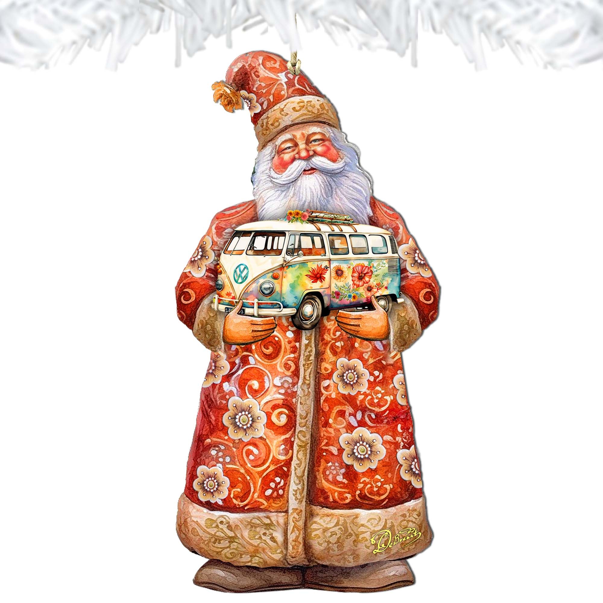 Santa with Van Wooden Ornaments by G. Debrekht - Christmas Santa Snowman Decor - 8691407